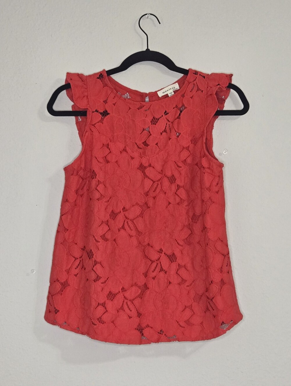 Monteau Coral Red Floral Lace Flutter Sleeve Tank